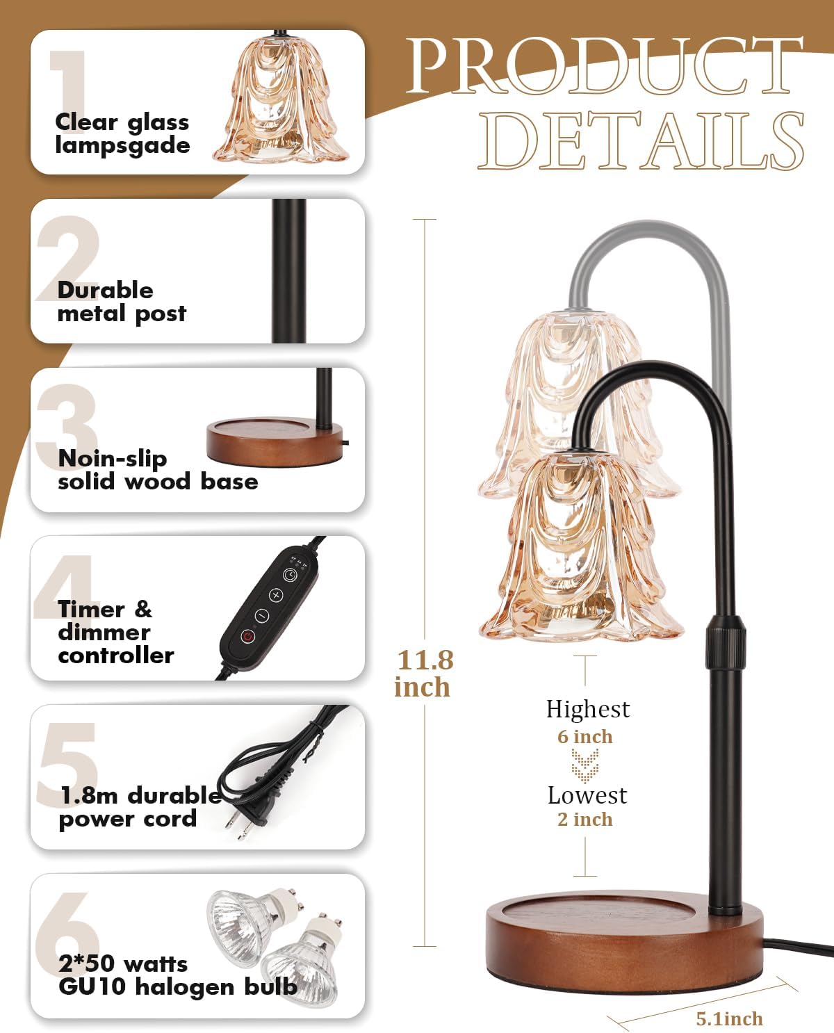 Small Candle Warmer Lamp with Timer, Adjustable Flower Lamp Warmer for Jar Candles, Unique Women Gifts for Birthday, Dimmable Candle Heater, Christmas Gifts, Cute Wax Warming Light with Wood Base