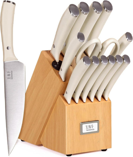 Newly Updated Sharp Chef Knife Set,High Carbon Stainless Steel Forged,Kitchen Knife Set Ergonomic Handle,Hundreds of Years of Masterful Craftsmanship(15PCS,Ivory)