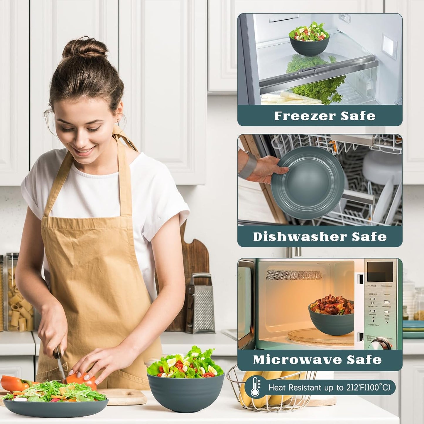 Kitchen Wheat Straw Dinnerware Sets (33pcs) Attached cleaning brush,Service For 8,Plastic Plates and Bowls Sets,Unbreakable Dinnerware,Lightweight Plastic Plate Set (gray)