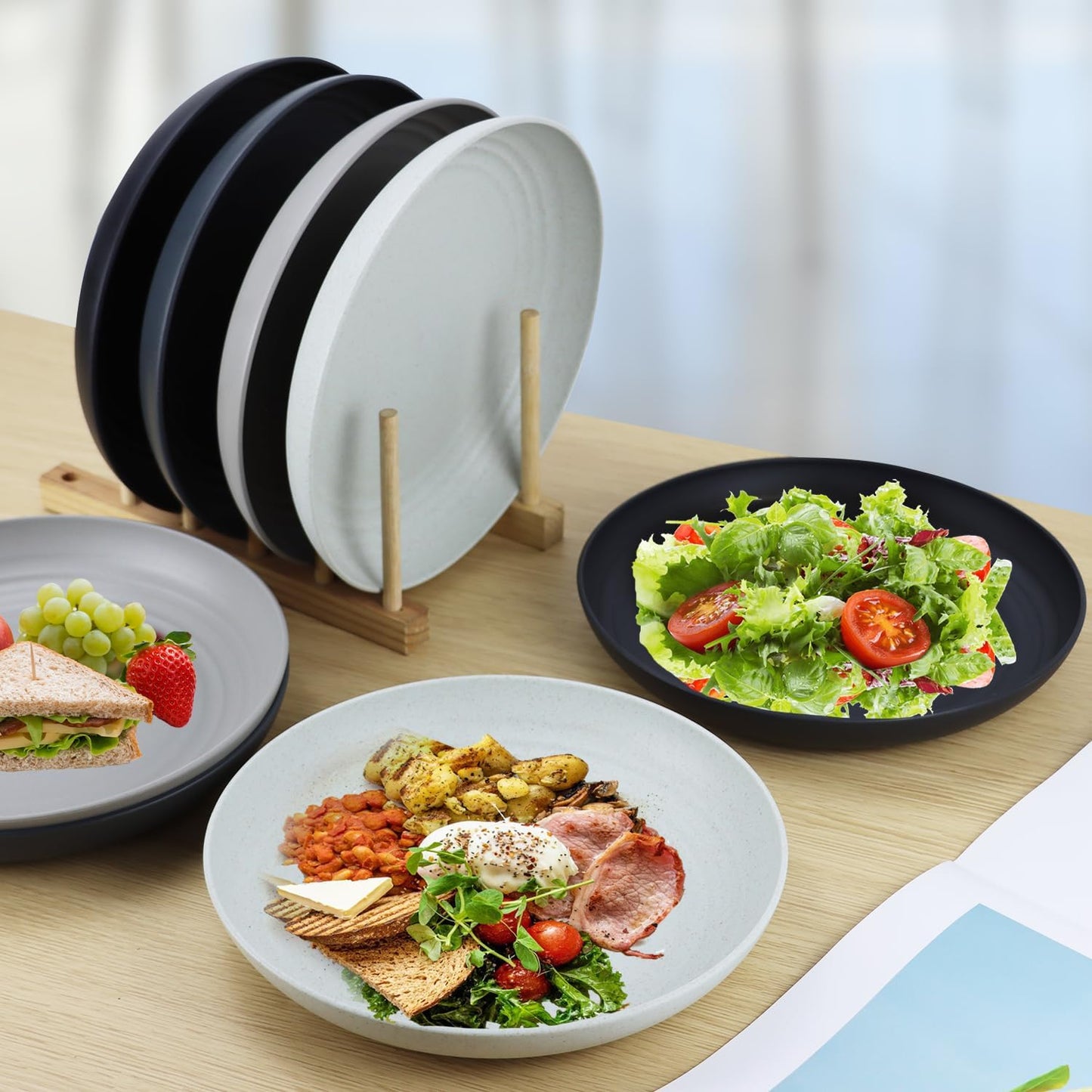 Wheat Straw Plates 10 Inch Dinner Plates Set of 8, Lightweight and Unbreakable Plastic Plates Reusable, Microwave & Dishwasher Safe Kids Plates (Black, Grey)