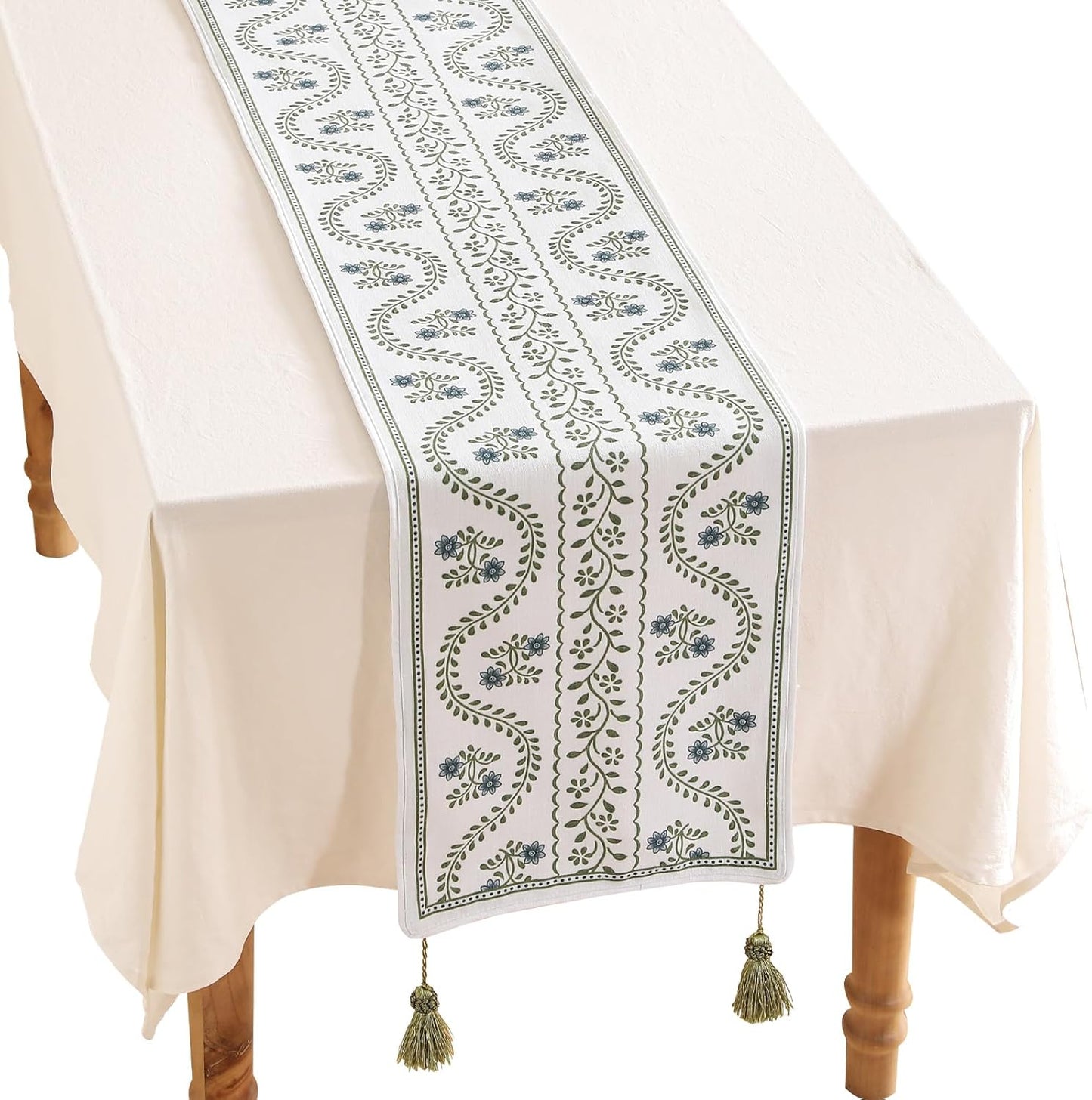 ISAENNE Designer White Elegant Linen Table Runner 71 Inches Long,Chinoiserie Floral Decor Durable Table Runners for Dining Tables,Thanksgiving,Kitchen Tables,Christmas,12"*71"-Mosella D