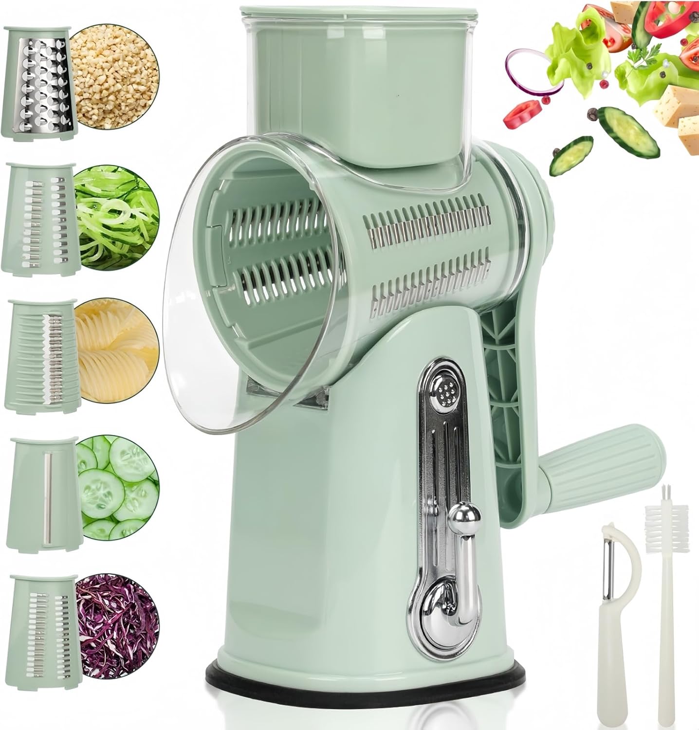 Rotary Cheese Grater with Handle, Manual Vegetable Slicer Grater with 5 Detachable Stainless Steel Blades, Round Grater Slicer Hand Crank Food Chopper for Kitchen with Blade Storage Box