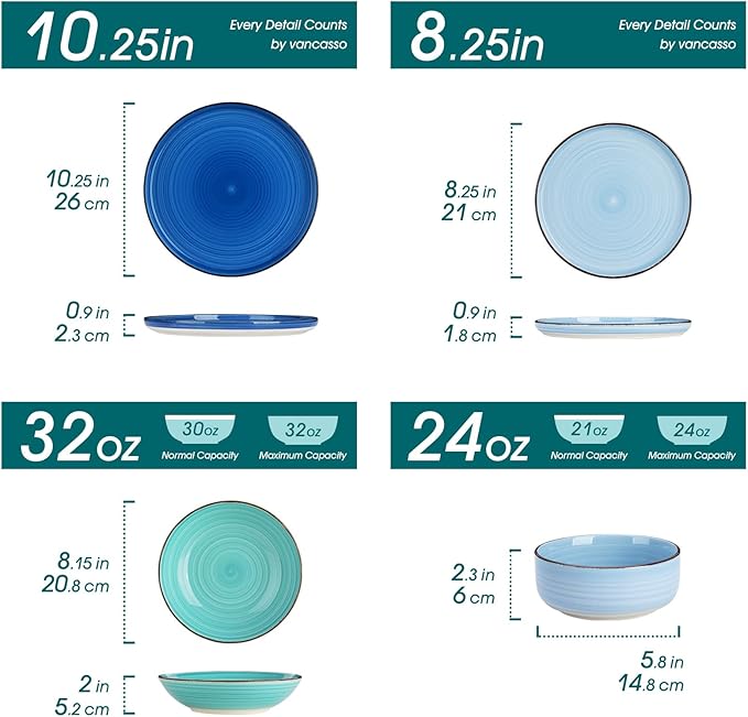 vancasso Bonita Dinnerware Sets 24 Pieces, Blue Stoneware Dishes Set for 6, Dinner Platers with Bowls Set, Dishwasher and Microwave Safe