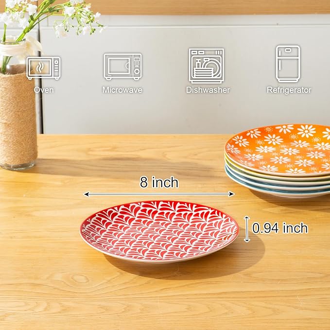 AntoKueh Ceramic Salad Plates Set of 6, 8 Inch Small Dessert Plates, Colorful Porcelain Plate Set for Appetizer, Cake, Snacks, Dishwasher & Microwave Safe