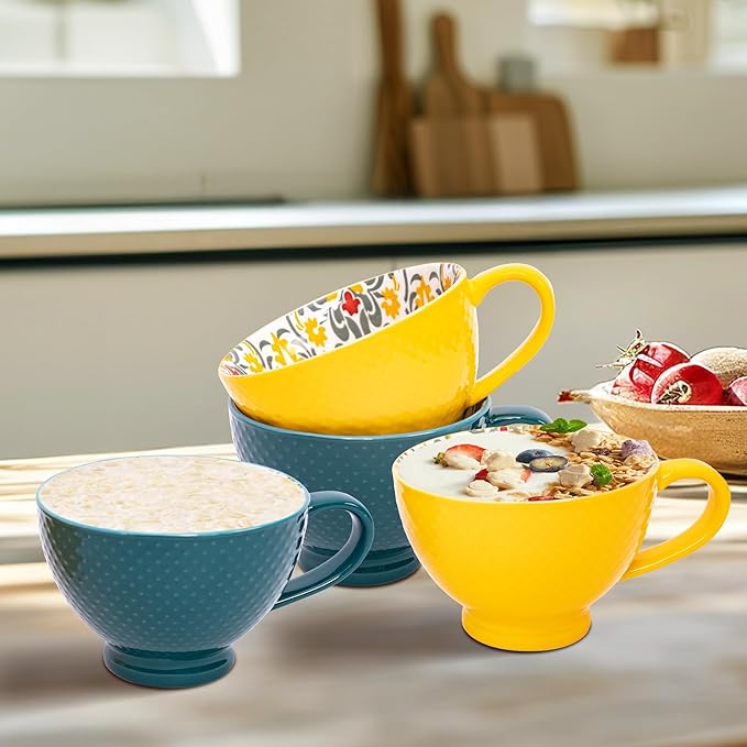 Topadorn Ceramic Coffee Mugs with Handle Set of 2, Hand-Painted Floral Pattern Ceramic Soup Mugs for Salad, Cappuccino, Cereal, Milk, Latte, Tea, Cocoa, Breakfast Oatmeal Cups(Green & Yellow)