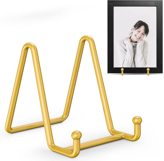 TR-LIFE Plate Display Stand - 3 Inch Holder + Metal Frame for Picture, Decorative Plate, Photo Easel, Tabletop Art (Gold 2 Pack)
