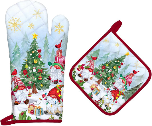 Christmas Winter Gnomes Oven Mitts and Pot Holders Sets 2Pcs, 100% Cotton Heat Resistant, Extra Long Oven Gloves Potholder for Kitchen Cooking Baking Decoration