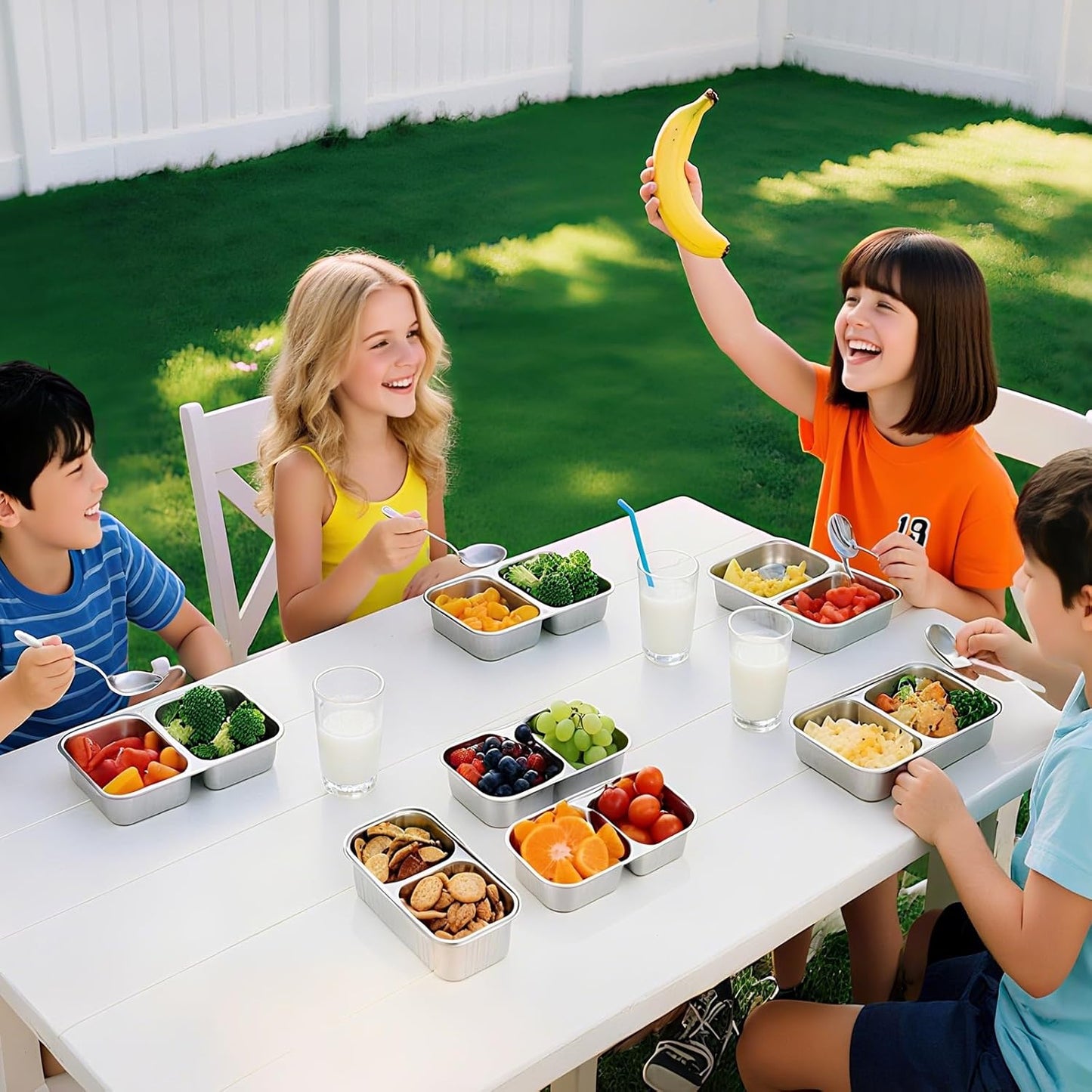 Stainless Steel Snack Containers with Lids, Reusable 2 Compartment Stainless Steel Bento Lunch Box, Food Storage, 4 Pack with Forks, Leak Proof, Dishwasher-Safe, Grab and Go for Work, Travel