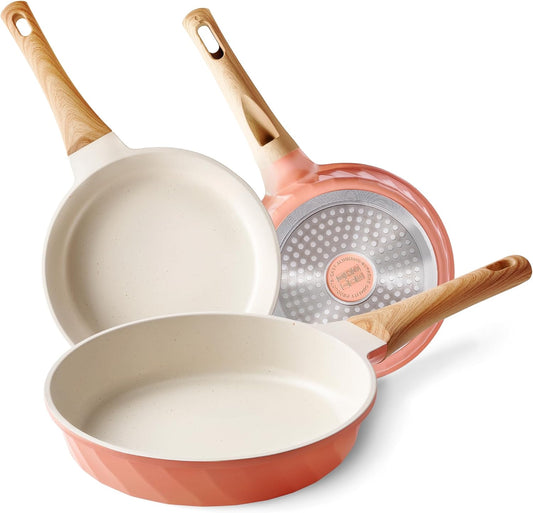 Frying Pans Non stick - 3 PCS Nonstick Frying Pan Set Omelette Pans for Cooking Set, Granite Skillet Set Kitchen Induction Cookware Chef's Pan Gift, 8", 9.5" &11", Coral Pink