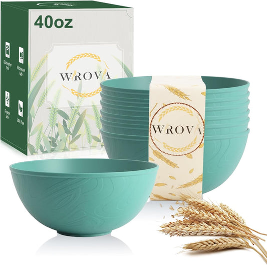 Wrova Wheat Straw Bowls for Kitchen set of 6,Anit-Scald Thick Soup Bowls 40oz,Microwave and Dishwasher Safe Bowl set easy to clean. Green