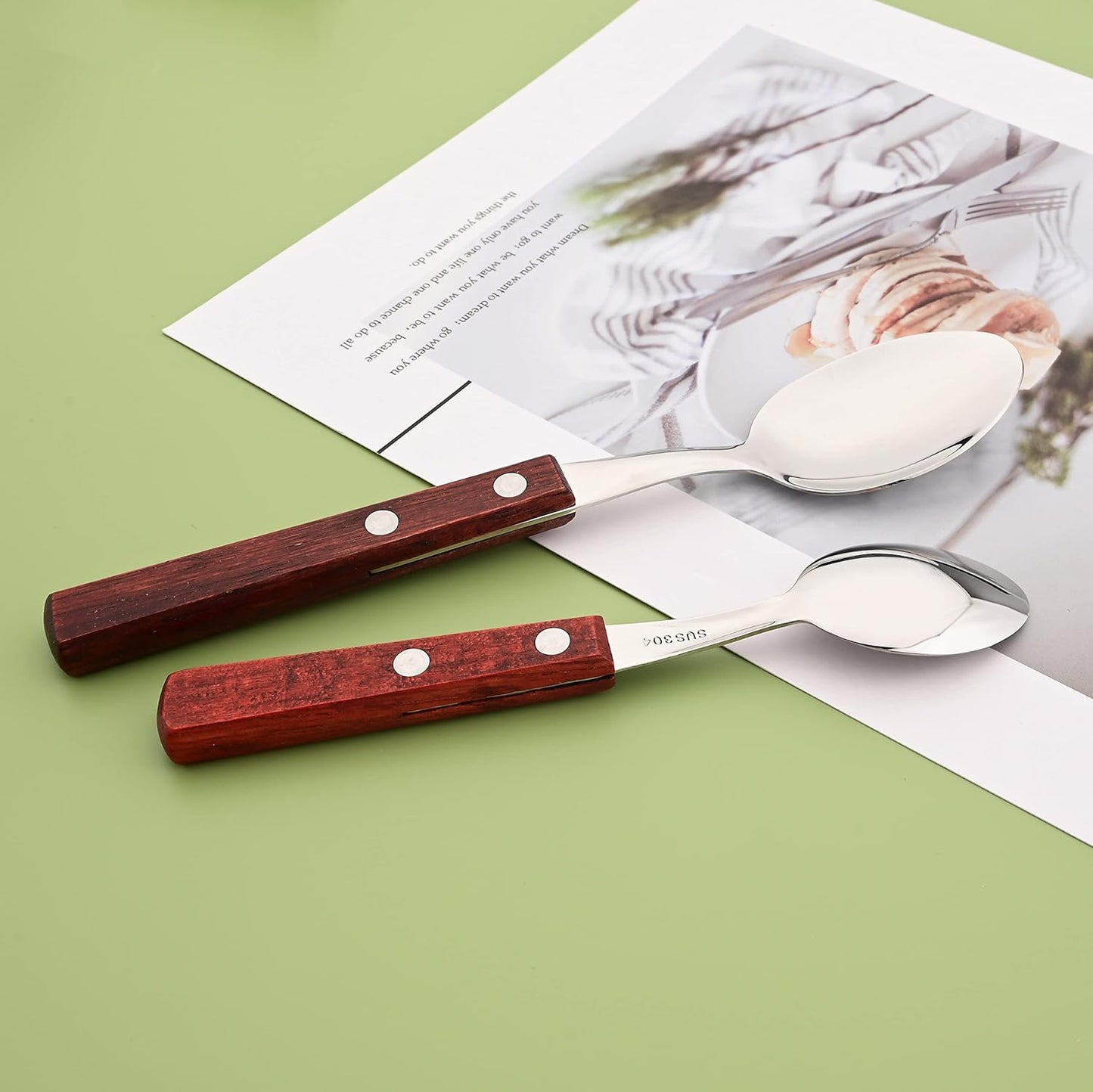 8 PCS Dinner Spoon Set, 304 Stainless Steel Table Spoons with Red Wooden Square Handles, 7.9" Long