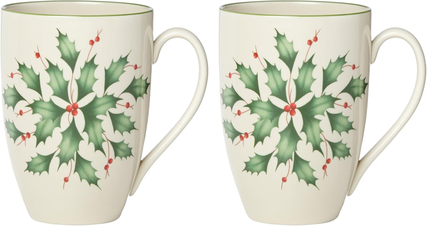 Lenox Coffee Mugs, Hosting The Holidays 2-Piece Holly 14 Oz Mug Set, Ivory Porcelain, Dishwasher and Microwave Safe, Christmas Holly Drinkware Set, Christmas Decorations (White/Green, 14 Oz, 2 Pieces)