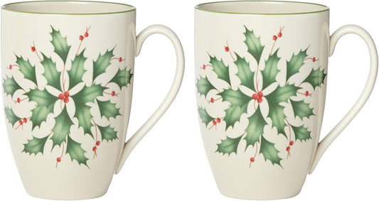 Lenox Coffee Mugs, Hosting The Holidays 2-Piece Holly 14 Oz Mug Set, Ivory Porcelain, Dishwasher and Microwave Safe, Christmas Holly Drinkware Set, Christmas Decorations (White/Green, 14 Oz, 2 Pieces)