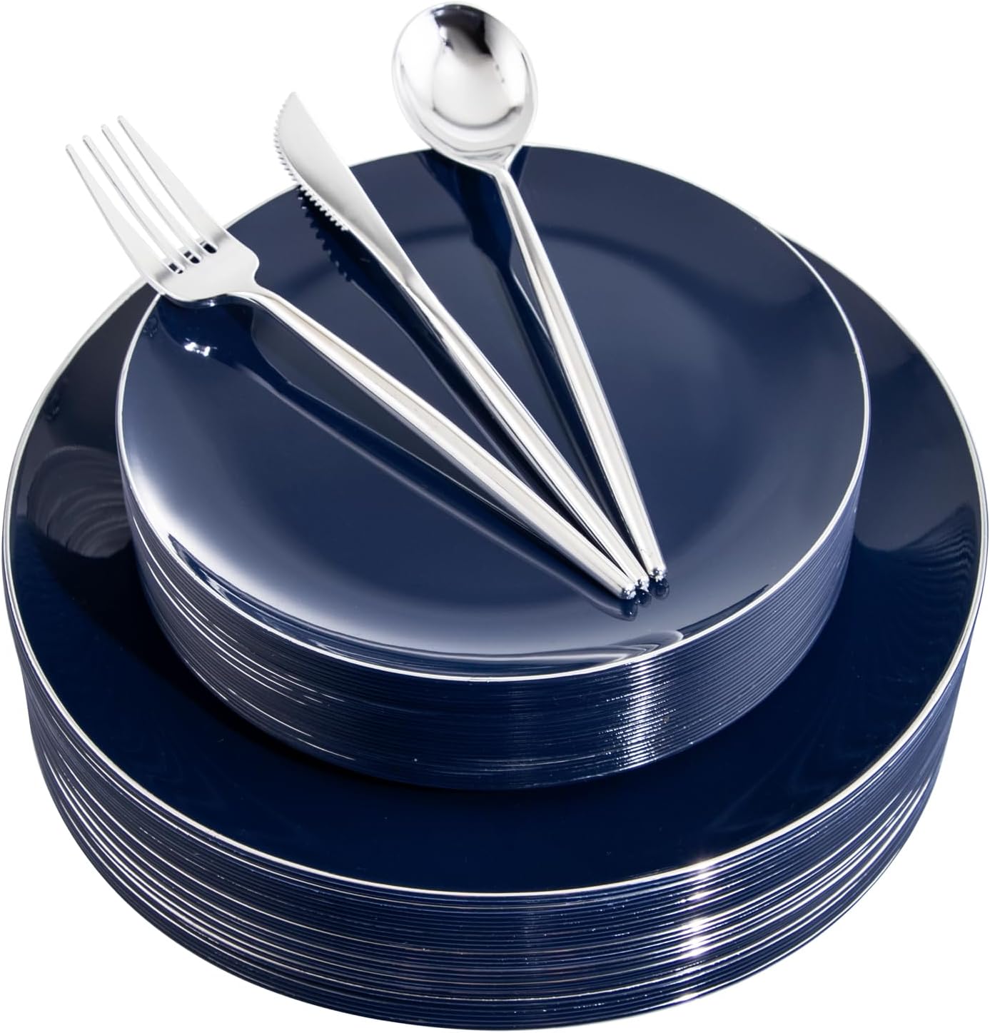 I00000 150Pcs Blue Plastic Plates,Heavy Duty Navy Blue Disposable Plates with Disposable Silverware include 30Pcs10.25' Dinner Plates,30Pcs 10.25' Dessert Plates, 90 Silver Silverware Set for Party