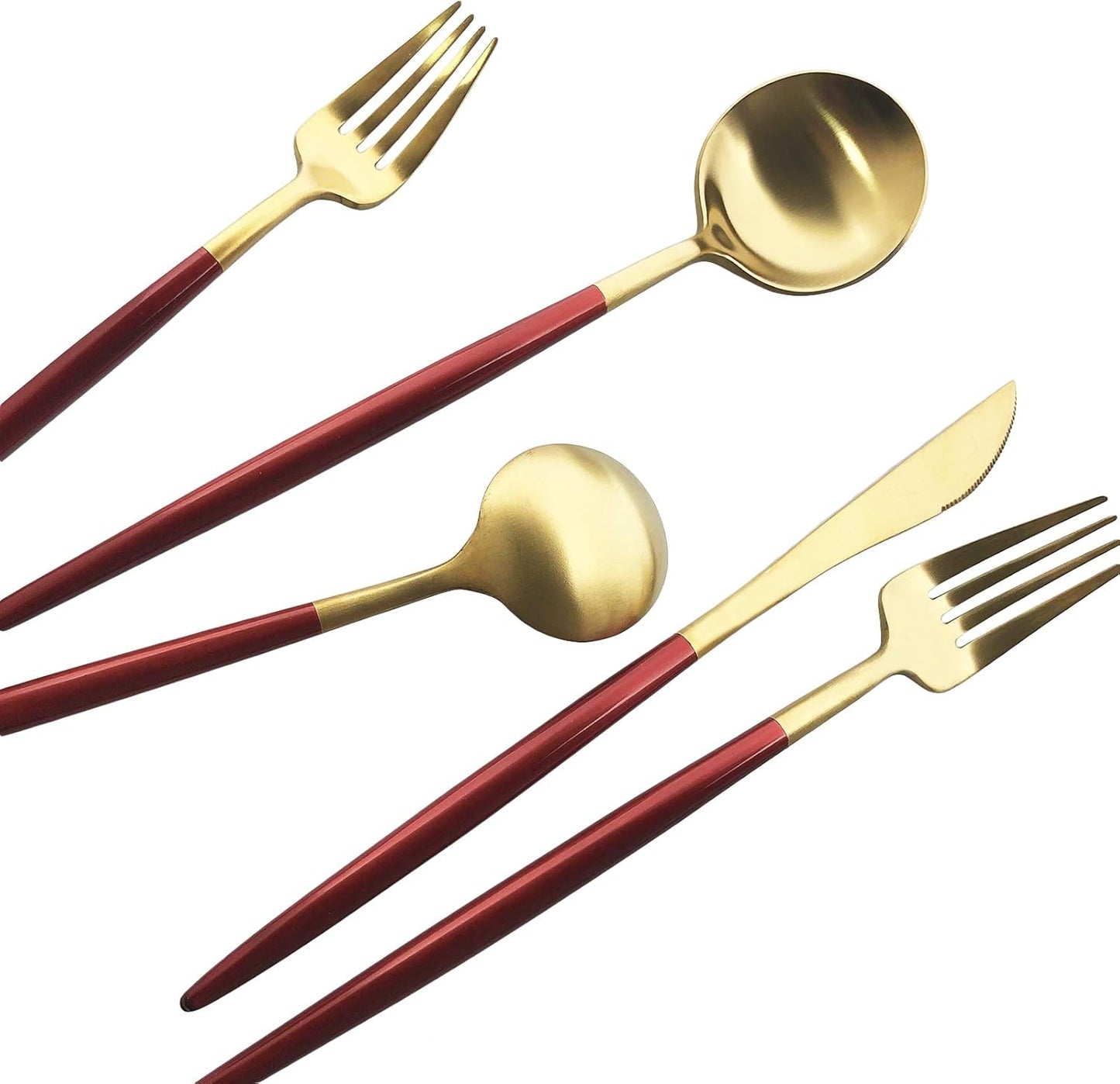 Silverware Set, Hand polished Matte Gold Red Flatware Cutlery Set Service for 2, Satin Finish 10 Pieces 18/10 Stainless Steel Utensils Set for Home and Restaurant, Dishwasher Safe