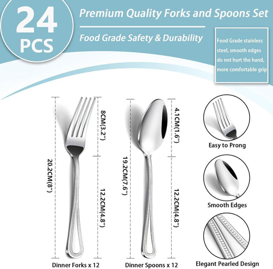 24 PCS Spoons and Forks Set, Food Grade Stainless Steel with Pearl Dot Design Handle Silverware Set, Mirror Polished Dishwasher Safe, Silverware Forks and Spoons for Home or Restaurant