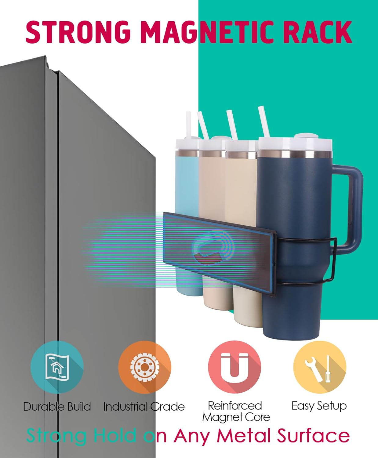 Magnetic Tumbler Holder for Stanley, Magnetic Cup Organizer for Refrigerator, Compatible with Stanley 30oz & 40oz Tumblers, Water Bottle Magnetic Rack (Black, 8 Tumblers& 2 Lid Holder)