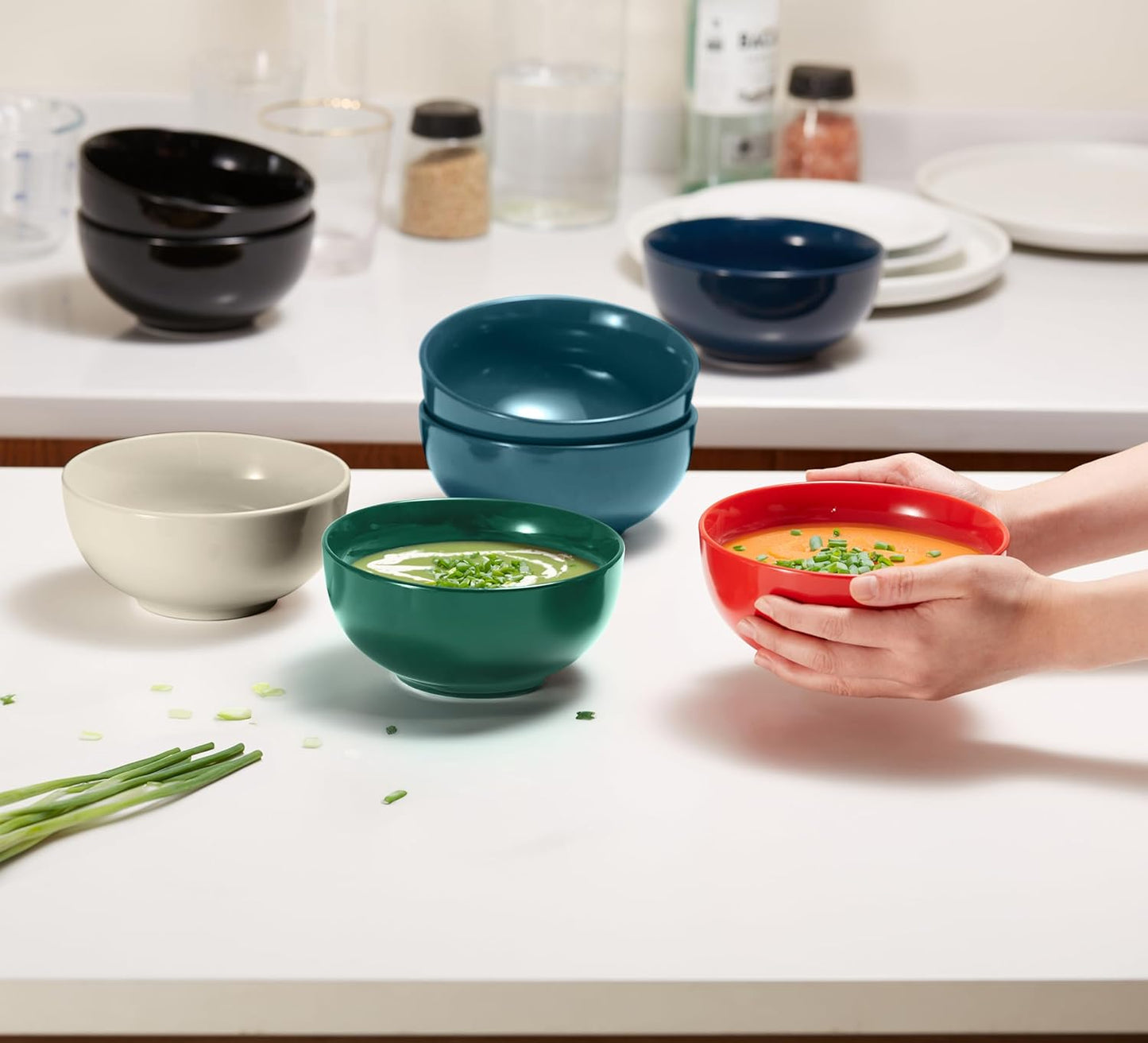 KooK Soup Bowls, Cereal Bowl, Ceramic, Bowls for Kitchen, Microwave, Dishwasher and Freezer Safe, Porcelain Dishes for Pasta, Salad, Oatmeal, Deep Interior, 20 oz, Set of 6, (Hunter Green)