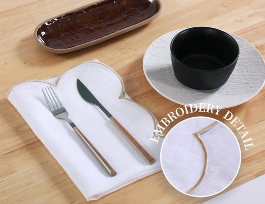 100% French Flax Linen Cloth Napkins Scalloped Embroidery 20’’x20’’ for Dinners, Parties, Weddings, Decorative Halloween, Spring, Easter, Set of 4 Pcs,White(Edges-Gold)