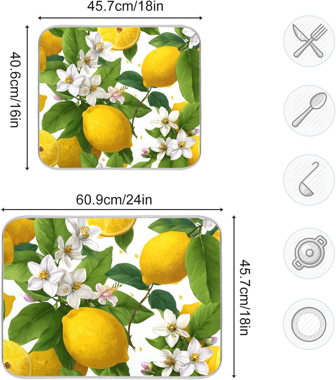 Yellow Lemon and White Flower Dish Drying Mat Super Absorbent Drying Mat 16x18 inch Large Dish Drying Mats for Kitchen Counter Dish Drying Pads Kitchen Drying Matt for Countertop