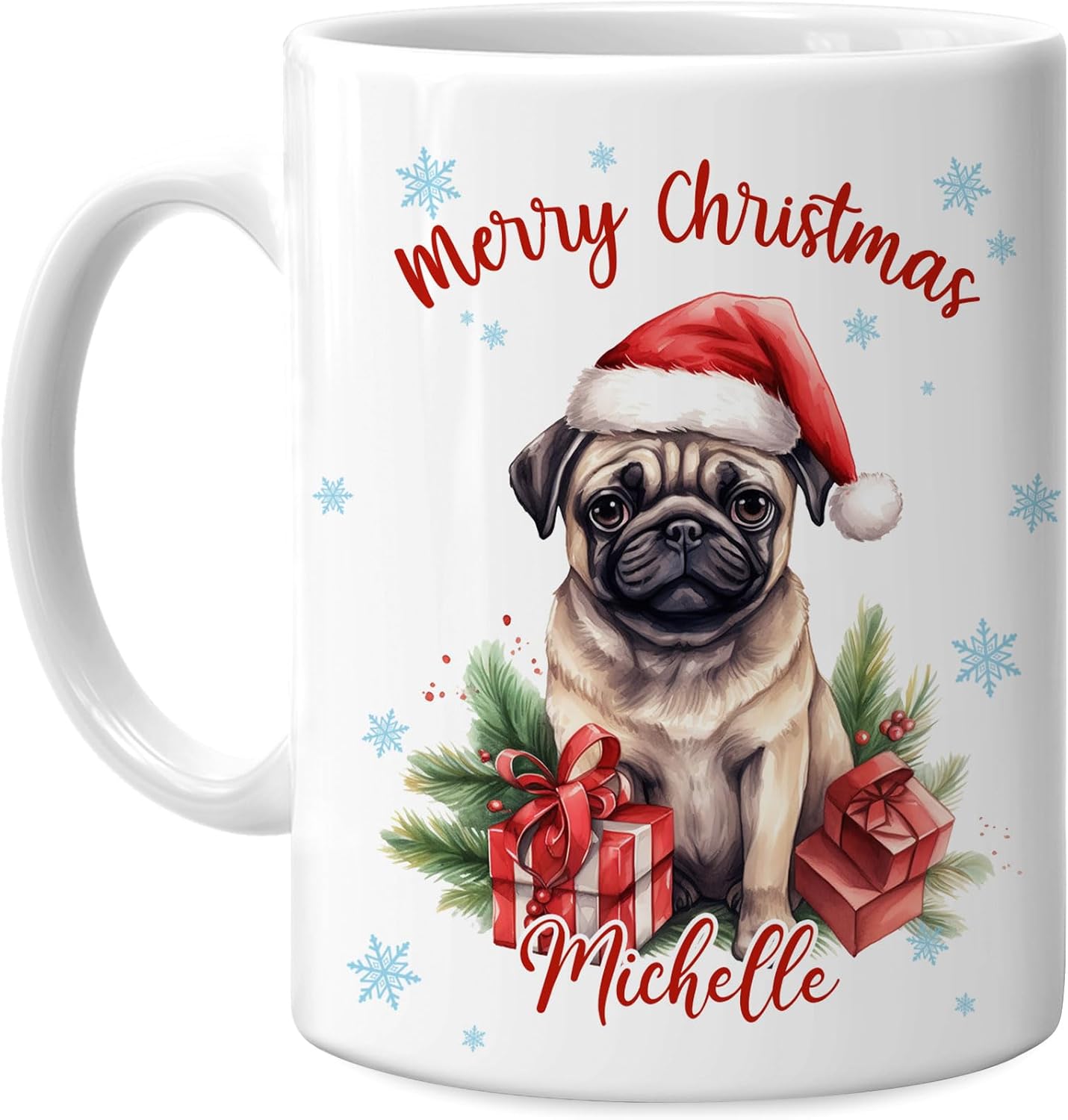 Hyturtle Personalized Gifts Dog Lover - Pug Merry Christmas Custom Name Ceramic Coffee Mug Cup 11oz - Cute Animal Lovers Gifts For Women, Girl kids Family On Birthday, Christmas