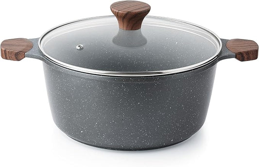 SENSARTE Nonstick Stock Pot with Lid, 4.5 Quart Induction Cooking Pot with Tempered Glass Lid, Stew Pot with Swiss Nonstick Granite Coating, PFOA PFOS APEO Free, Gray