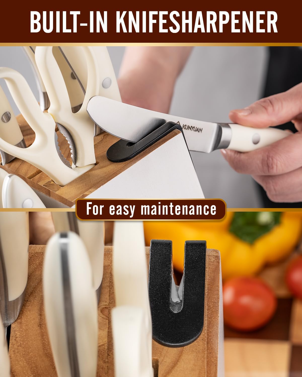 KUNYUAN Kitchen Knife Set, 15-Piece Knife Set with Self-Sharpening Block, Dishwasher Safe, 6 Steak Knives, Anti-Slip Handle, White