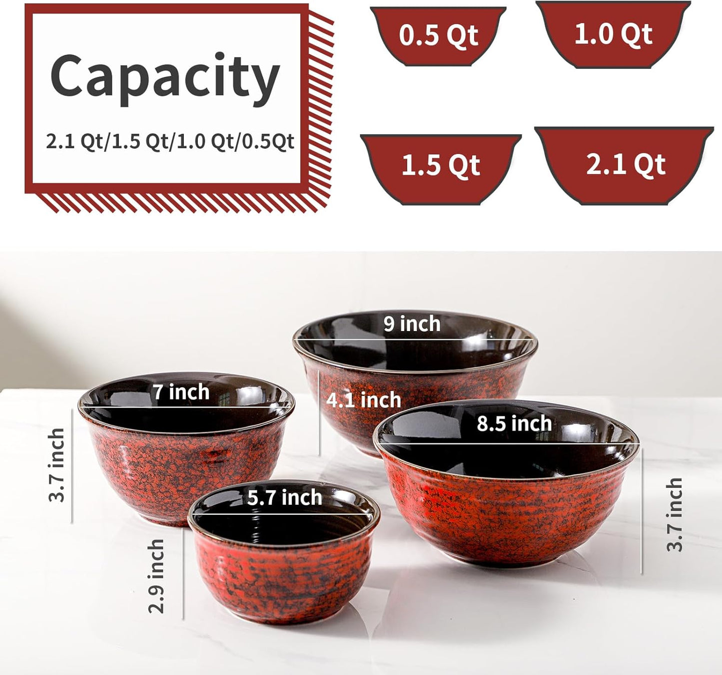 Hasense Mixing Bowls, 2.1/1.5/1.0/0.5 Qt, Nesting Bowls for Cooking, Baking, Ceramic Serving Dishes Set of 4 for Salad, Fruits, Popcorn, Thanksgiving Christmas Gift, Dishwasher & Microwave Safe, Red