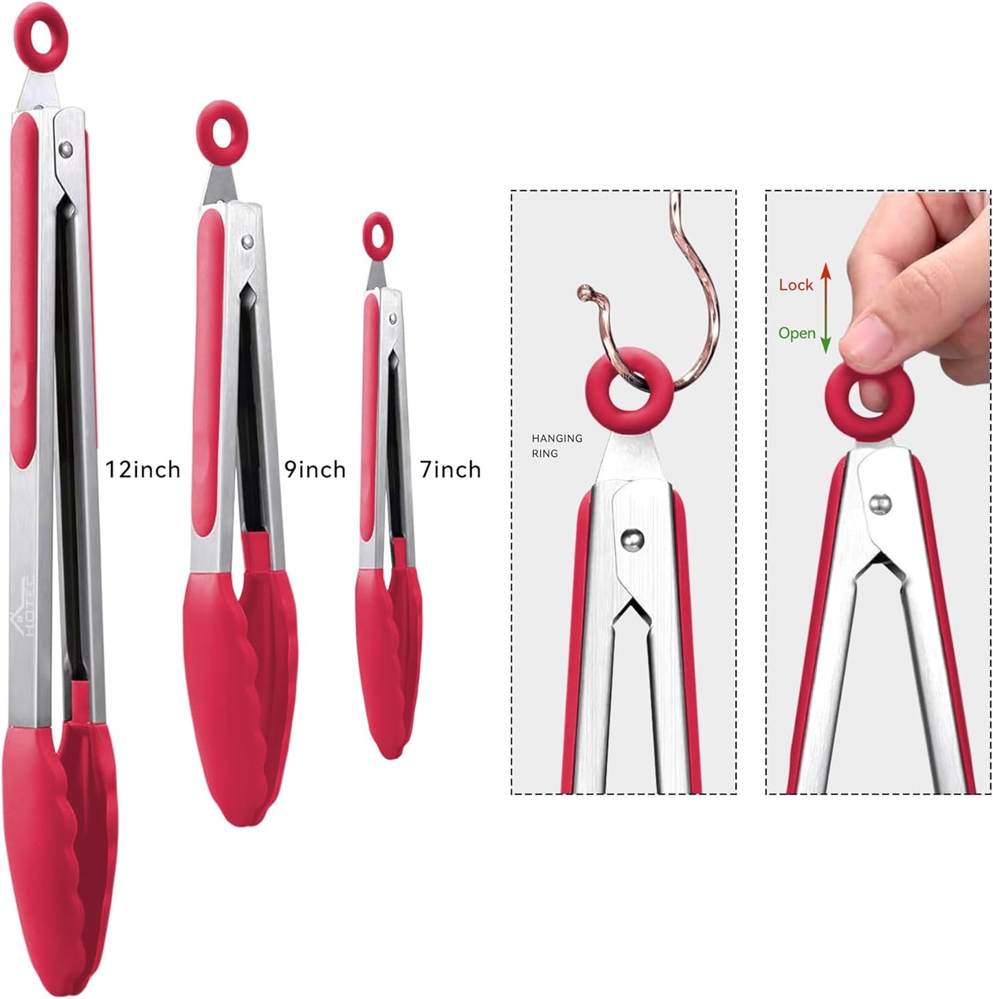 HOTEC Premium Stainless Steel Locking Kitchen Tongs with Silicon Tips, Set of 3-7", 9" and 12" (Red)