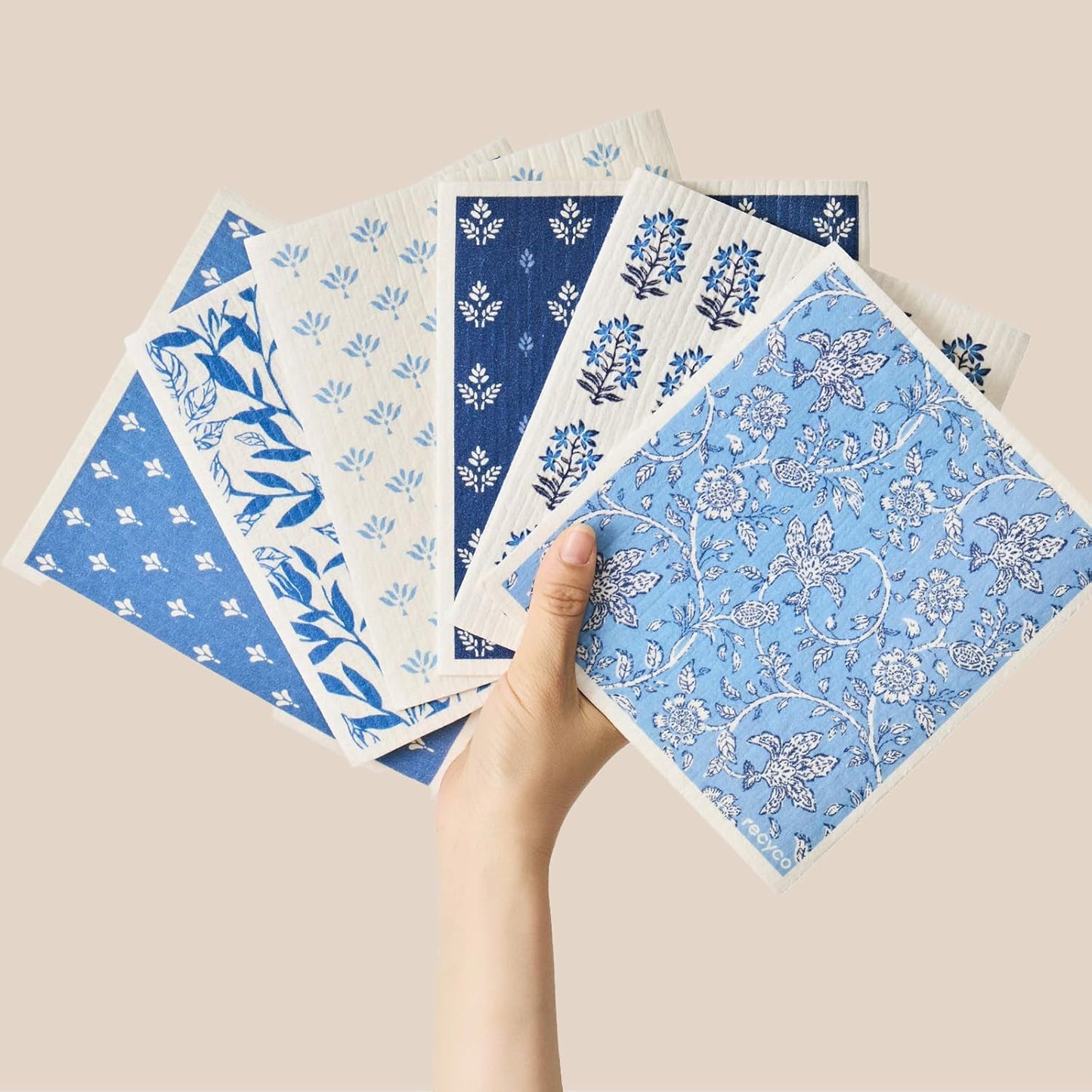 RECYCO Swedish Dishcloths for Kitchen | 6 Pack Heritage Florals Blue Washable Dish Rags | Cellulose Reusable Cleaning Paper Towels | Absorbent Counter Dish Cloth Sponge Kitchen Wipes, 8" L x 7" W