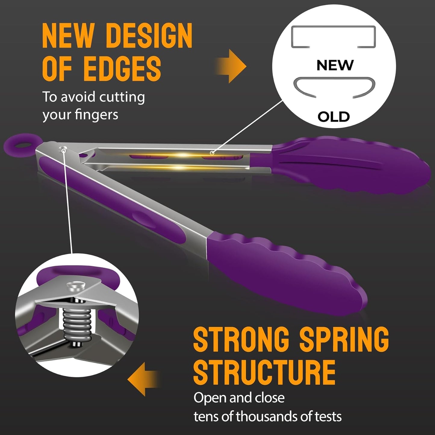 HOTEC Premium Stainless Steel Locking Kitchen Tongs with Silicon Tips, Set of 2-9" and 12" (Purple)