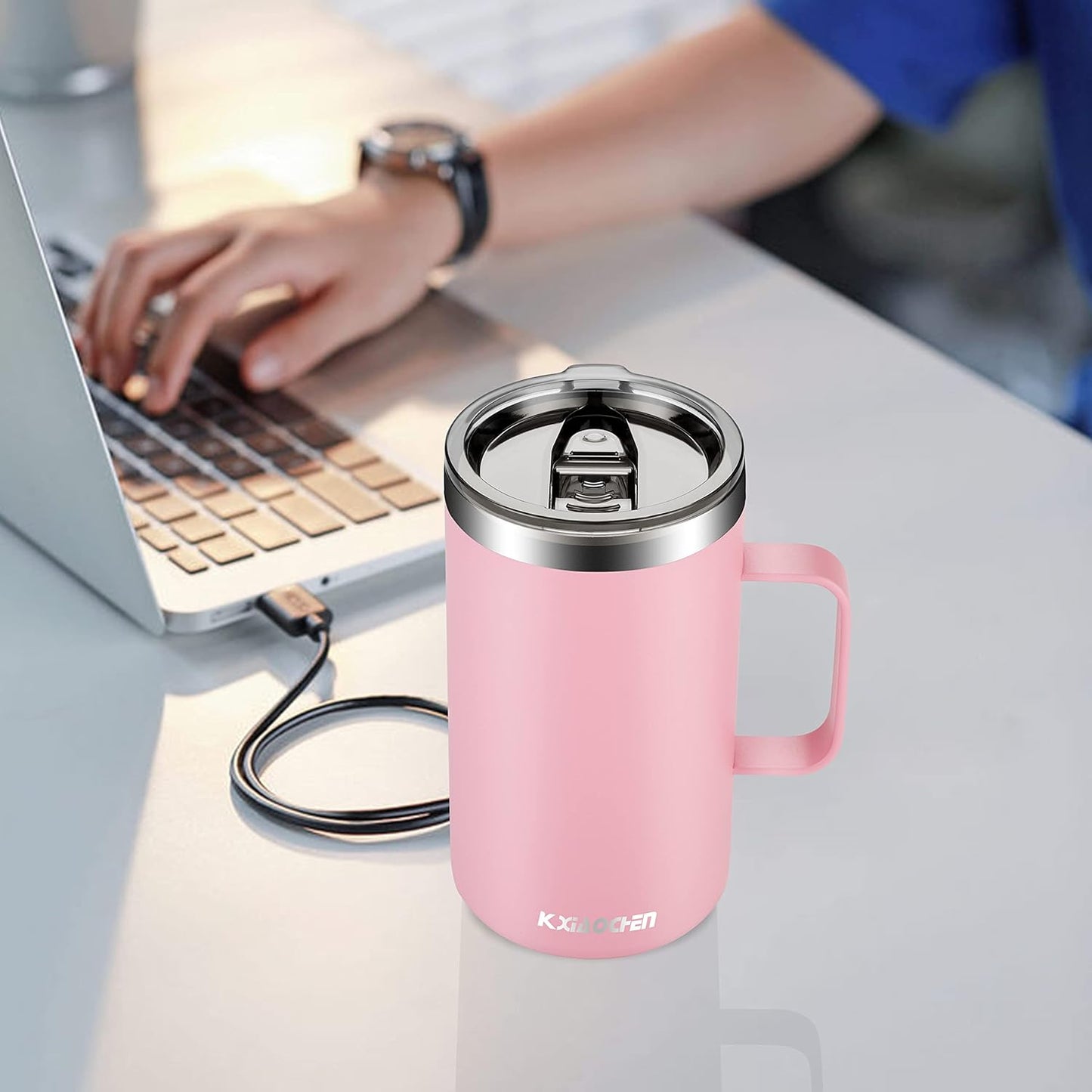 KXIAOCHEN 20oz Insulated Coffee Mug with Lid, Stainless Steel Coffee Cup, Double Wall Vacuum Coffee Tumbler with Handle, Premium Thermal Travel Coffee Mug (Pink)