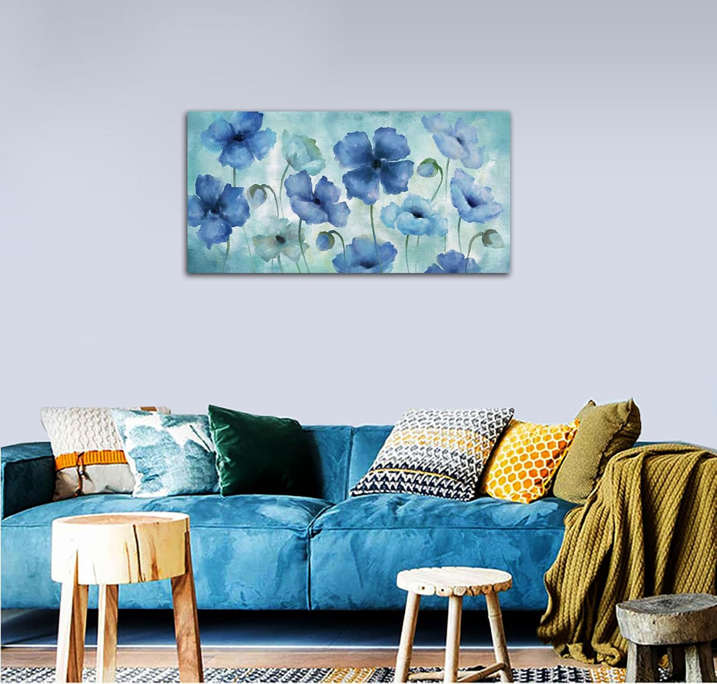 NINEASO Blue Abstract Flowers Wall Art - Elegant Floral Pictures Wall Decor Indigo Blue Green Blossom Canvas Painting Artwork Abstract Flowers Nature Print for Home Office Decoration 20" x 40"