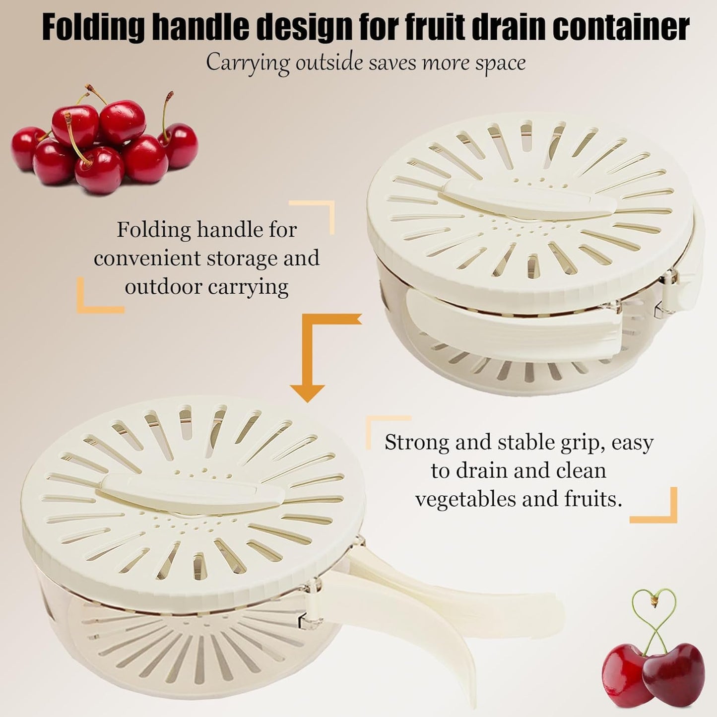 2025 New Draining Basket with Lid, Fruit Drainer Container with Handle, 2 in 1 Multi-function Drain Basket, For Rinsing Straining Vegetable Washing Fruit Portable Storage Container (Beige)