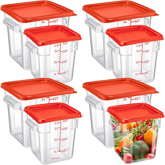 Suclain 8 Pack 4 QT and 6 QT Food Storage Containers with Lids Scales Handles Square Clear Restaurant Food Storage Containers Polycarbonate Commercial Grade for Kitchen Marinating Meat Dough(Red)