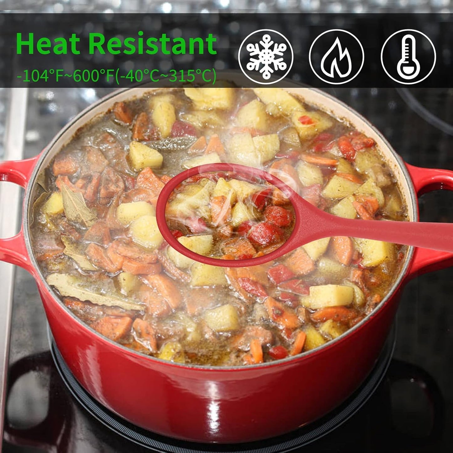 2 Pcs Silicone Nonstick Mixing Spoon, Silicone Spoons for Cooking Heat Resistant, Cooking Utensil for Kitchen Cooking Baking Stirring Serving (Red,Black)