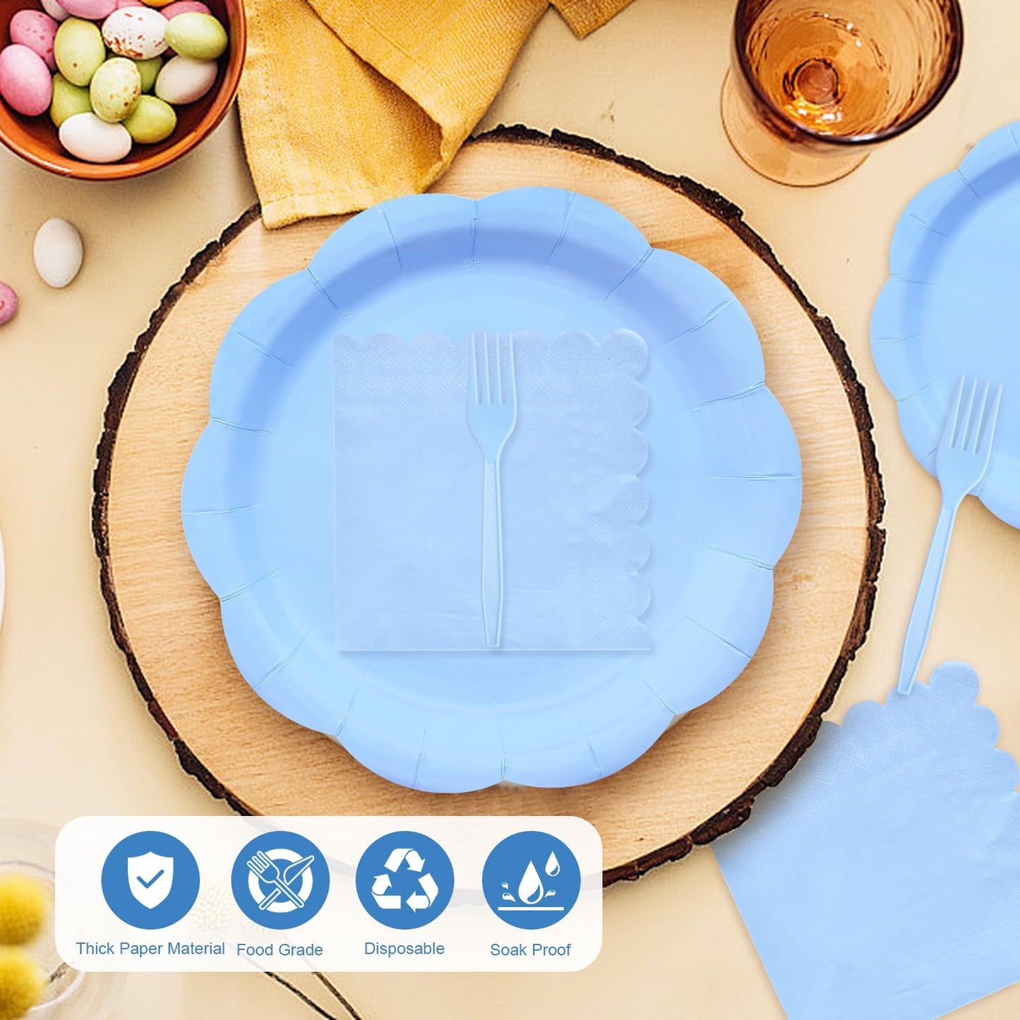 96 Pieces Light Blue Scalloped Tableware Set Party Supplies – Solid Color Disposable Dinnerware with Paper Plates, Napkins, and Forks for Baby Showers, Boys Birthday, Spring Celebrations – Serves 24