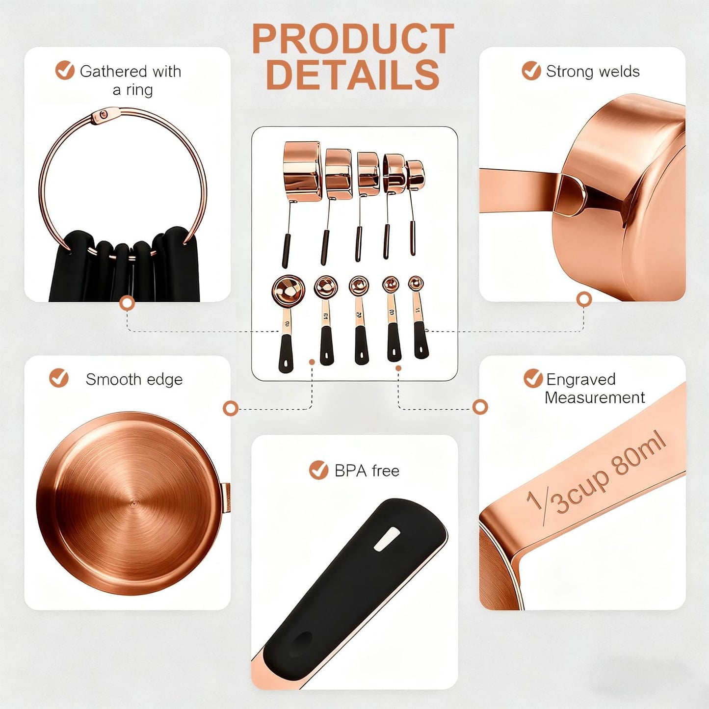 Measuring Cups and Spoons Set, Stainless Steel 10 Piece for Cooking and Baking (5 Cups + 5 Spoons, Rose Gold)