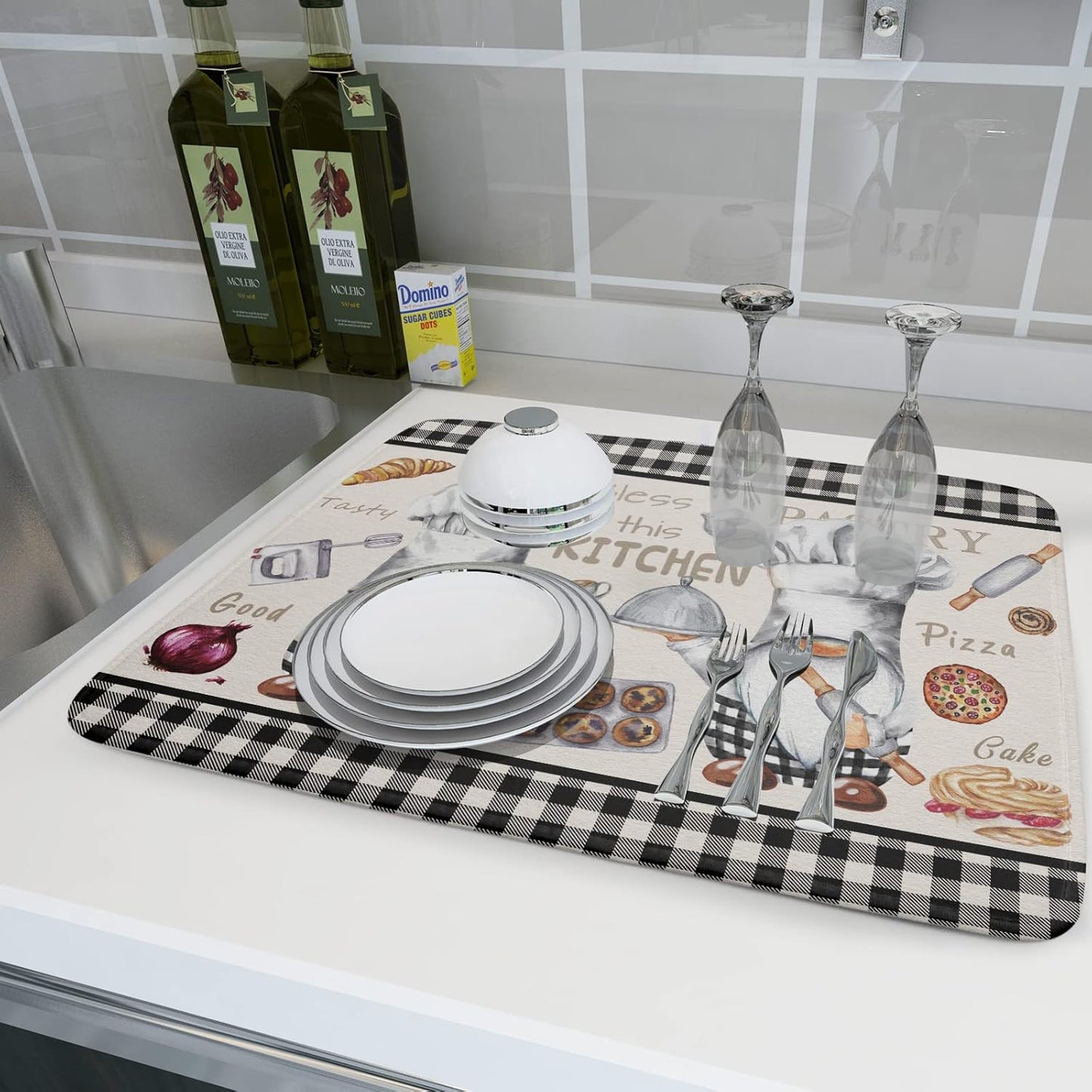 Chef Gnome Dish Drying Mats for Kitchen Counter 18x24 inch, Buffalo Plaid Cooking Utensils Absorbent Dishes Drainer Mat, Reversible Microfiber Quick Dry Rack Pad with Hanging Loop