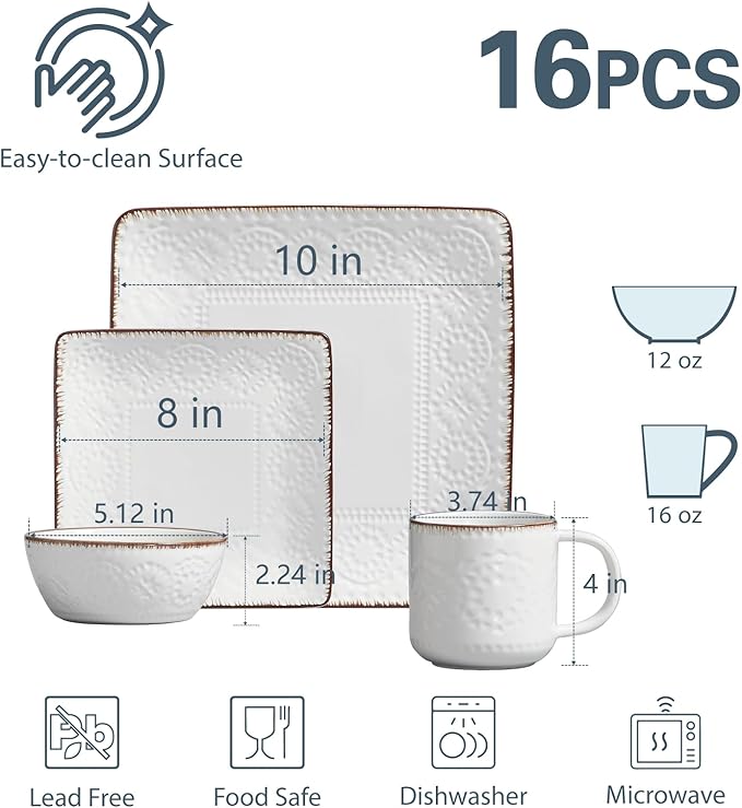 ONEMORE Ceramic Dinnerware Set, 16PCS Square Plates, Bowls & Cups Set - Scratch Resistant, Dishwasher Safe Kitchen Dishes, Ceramy White
