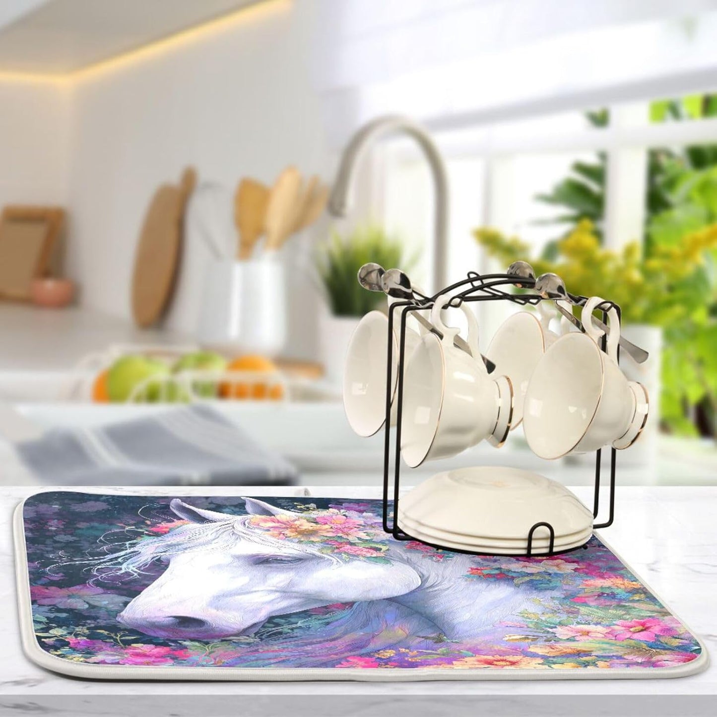 White Horse with Colorful Flowers Dish Drying Mat for Kitchen Counter Super Absorbent Dishes Pad Reversible Microfiber Protector Dish Draining Mats 16x18 inch