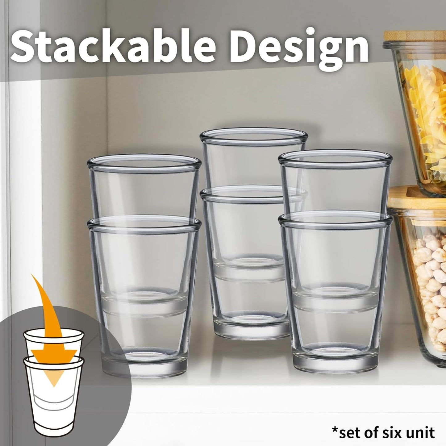 SOUL ONE 4.5 oz Small Juice Glasses, Set of 6, Stackable Heavy Based Drinking Glasses, Kids Small Drinking Glassware for Orange Juice, Water, Milk, Coffee