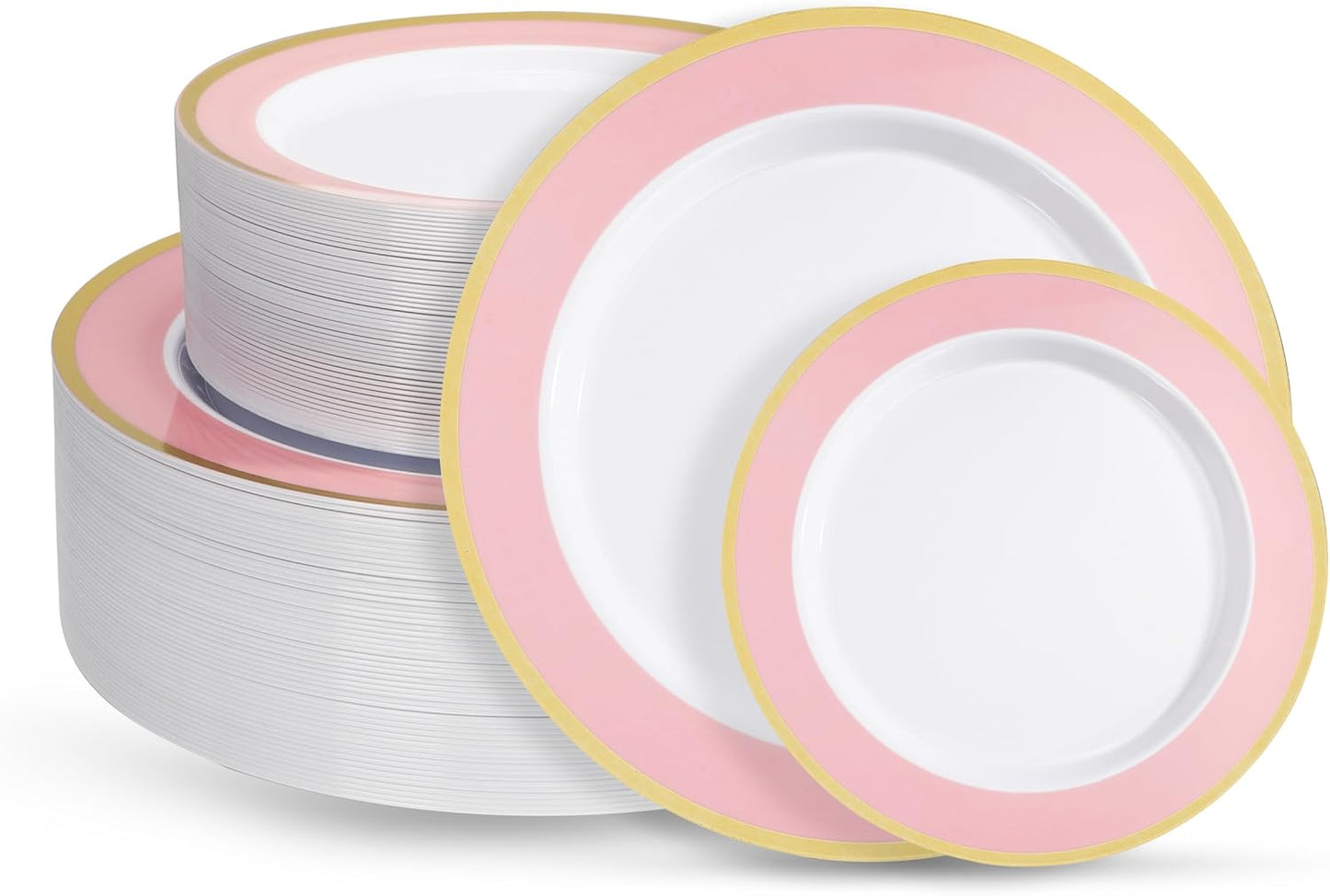 100PCS Pink Disposable Plastic Plates Include 50PCS 10.25inch Dinner Plate and 50PCS 7.5inch Dessert Plate Heavy Duty Plastic Dinnerware for Party Wedding Anniversary New Year