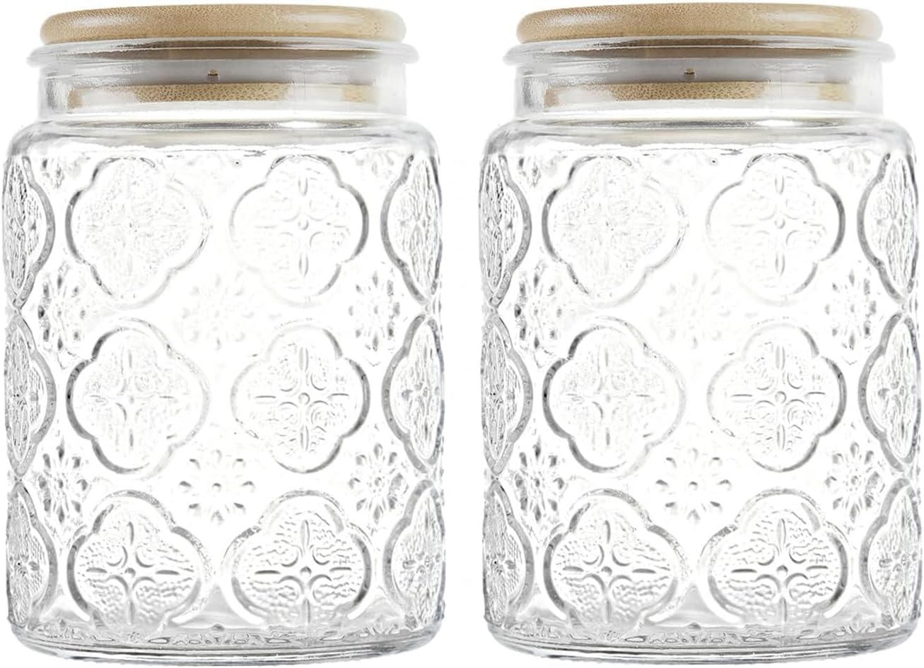 Glass Storage Jars With Airtight Lid, 23.7oz Canister For Kitchen Counter with Bamboo Lid, brown sugar, candy, coffee, cookie, salt, tea,pantry cute Jar (Begonia Flowers*2)