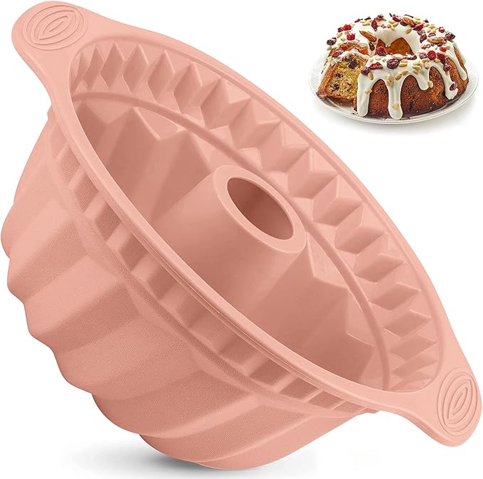 Kenond 9.5 Inch Silicone Cake Pans, Non-stick Fluted Cake Pan with Sturdy Handle, Cake Baking Molds,Perfect Bakeware for Cake, Jello, Gelatin, Bread, Para Gelatinas (Pink)