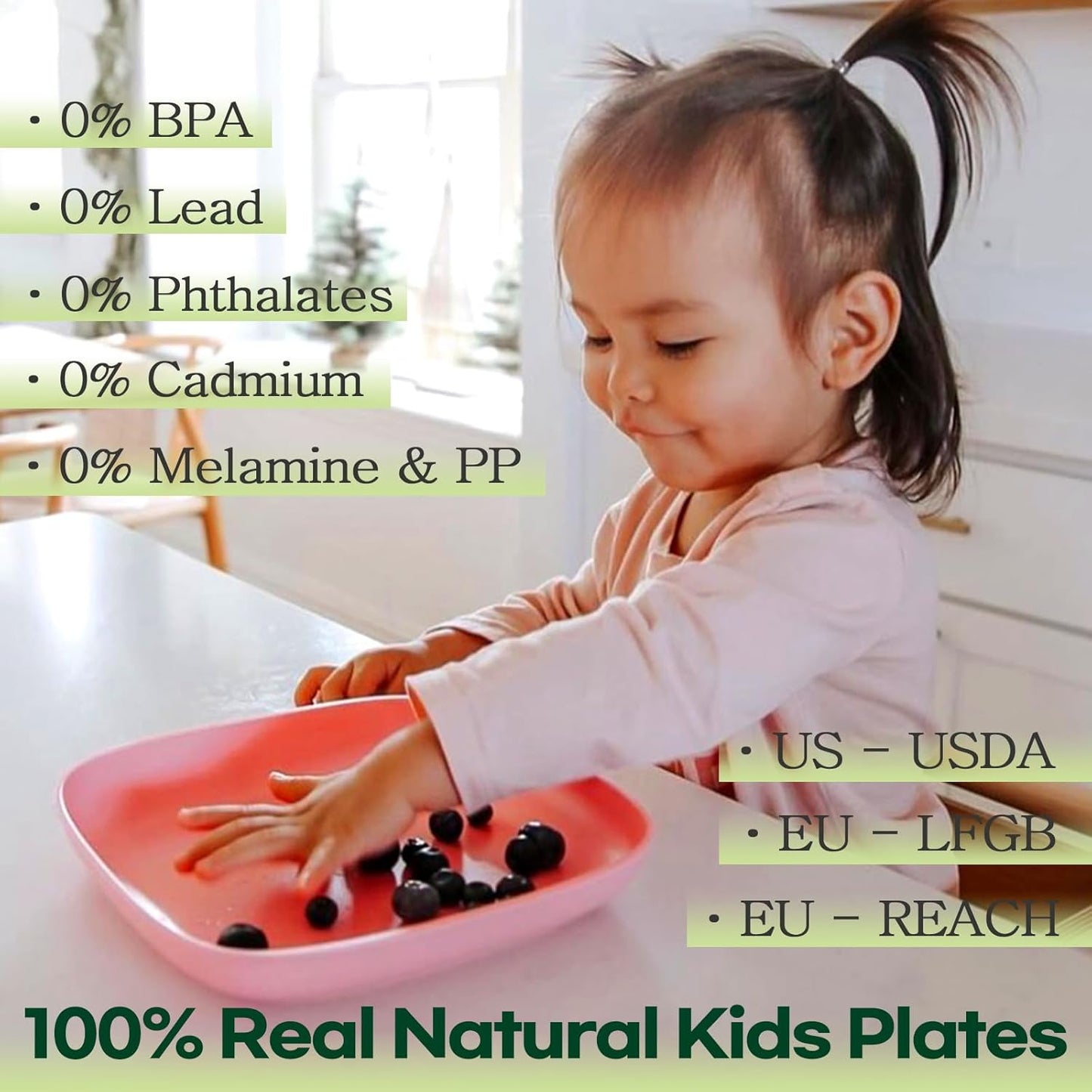 SUGARCANE Kids Plates 5Pack (7.9”) + Coconut Pad 2Pc- Organic Dishes for Toddler to Big Kids - USDA Certified – Microwaves & Dishwasher Safe – BPA Free, Unbreakable, Reusable - Multi