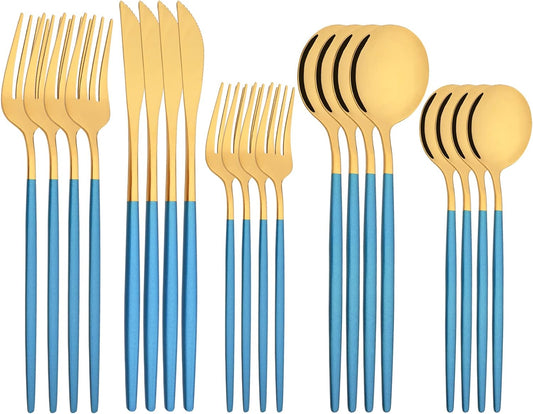 Silverware Set – 20 Piece Family Dinnerware Set – Flatware Set Service For 4 – Blue Gold Tableware Sets – Cutlery Great For Family Gatherings & Daily Use – Spoons, Knives, Forks