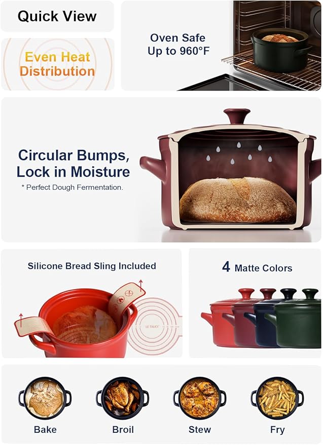 LE TAUCI 3 qt Ceramic Dutch Oven for Bread Baking with Silicone Sling- Lightweight, Non-Toxic, No Seasoning Needed- Oven, Microwave & Dishwasher Safe, Ideal for Home Bakers & Beginners, Chili Red