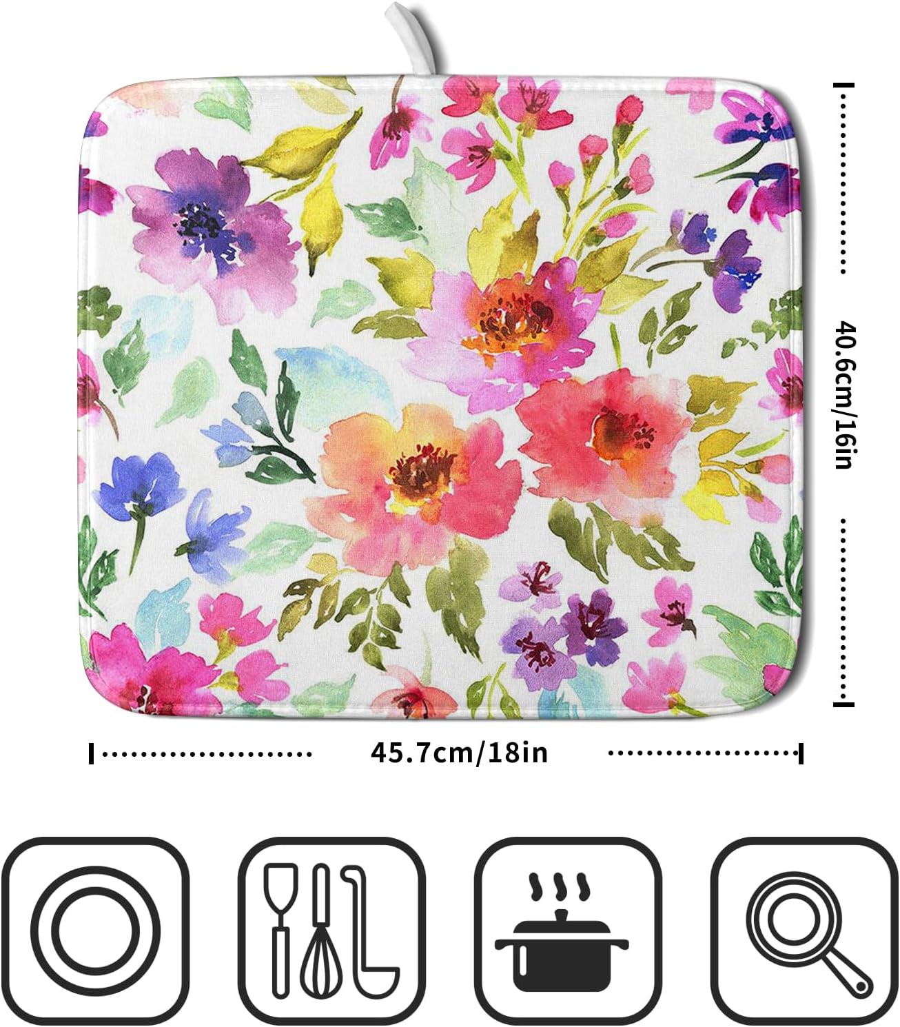 Floral Dish Drying Mats for Kitchen Counter 16×18 Inch Drying Mat for Dishes Microfiber Dish Rack Mat Kitchen Decor Watercolor Flowers Drainer Pad Washable Foldable Ultra Absorbent Dry Mat