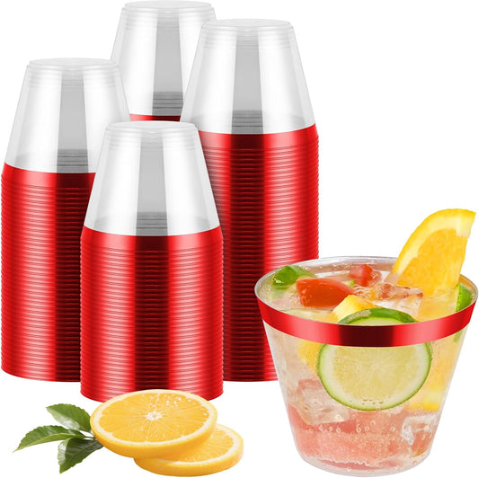 100pcs Red and Clear Plastic Cups, 9oz Plastic Cups Red Rimmed Disposable Cocktail Glasses Fancy Disposable Cup Drinking Tumblers Shot Cup for Wedding Party